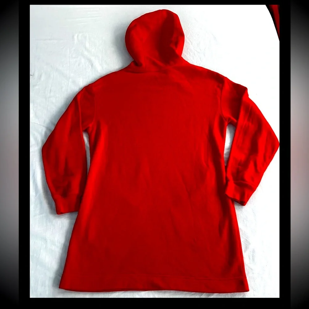 Nike Red Hoodie Dress Tunic Metallic Gold Swoosh Warm Fleece Lined